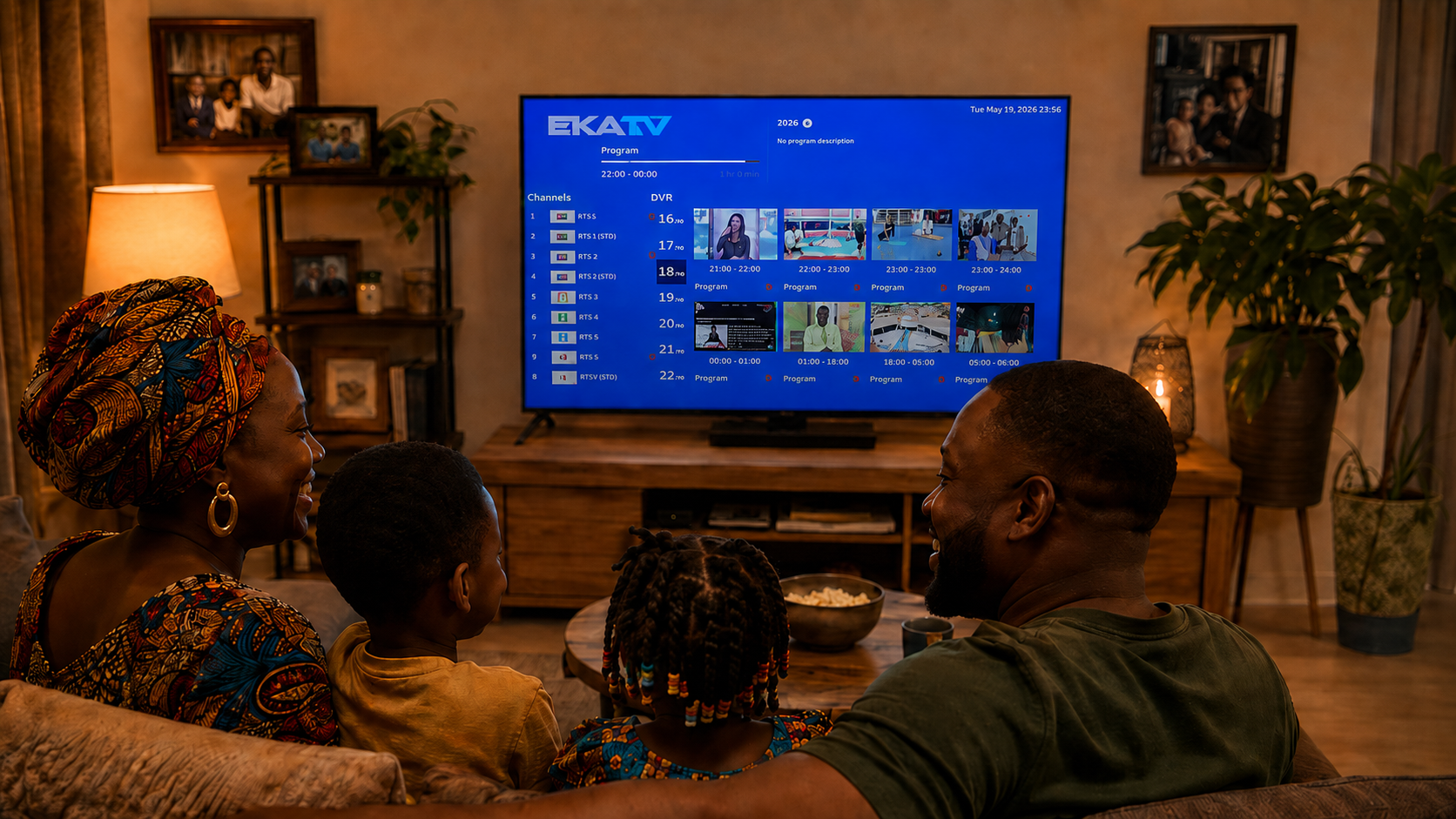 African family watching TV channels together in the USA with EkaTV